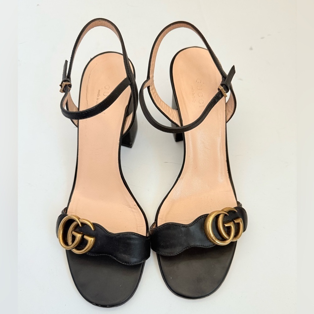 Gucci Black Leather GG Marmont Ankle Strap Block heel Sandals EU 38.5 - Picture 3 of 13
